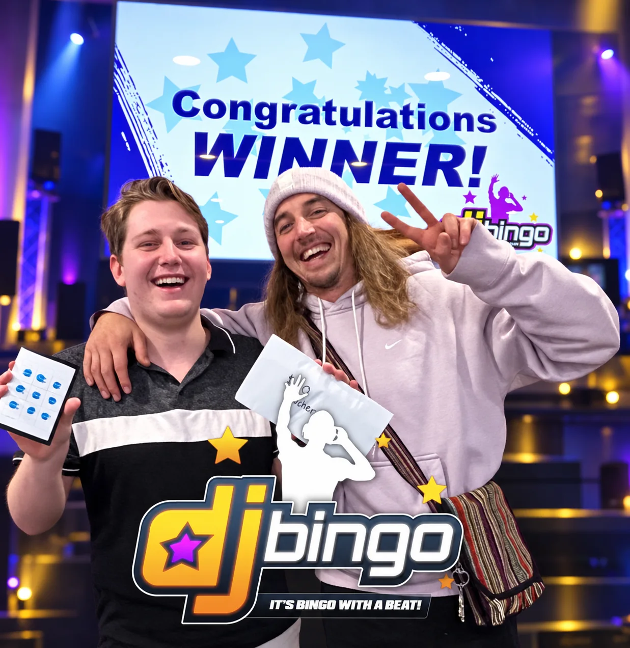 DJ Bingo winners celebrating in front of the winner screen