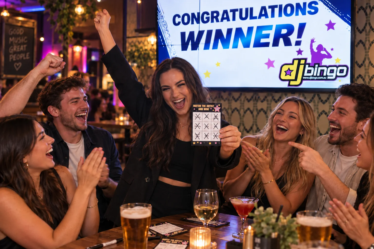 DJ Bingo winner celebrating with friends